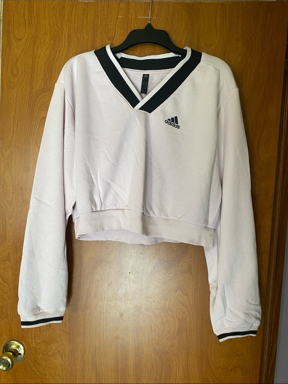 adidas Light Pink Cropped V‑Neck Sweatshirt with Black Trim